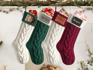 Personalized Christmas Knitted Stocking with Names on Leather Patch