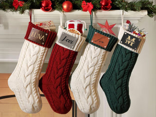 Personalized Christmas Knitted Stocking with Names on Leather Patch