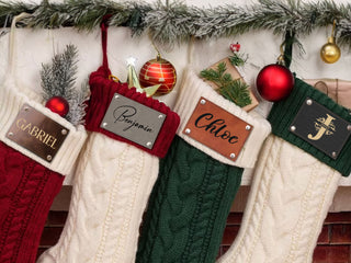 Personalized Christmas Knitted Stocking with Names on Leather Patch