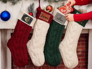 Personalized Christmas Knitted Stocking with Names on Leather Patch