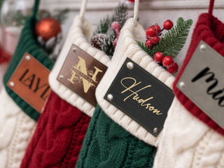 Personalized Christmas Knitted Stocking with Names on Leather Patch