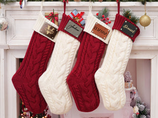 Personalized Christmas Knitted Stocking with Names on Leather Patch