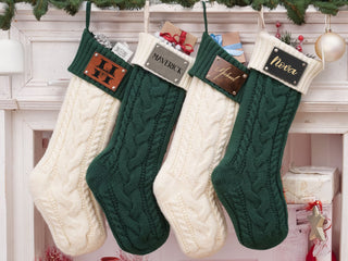 Personalized Christmas Knitted Stocking with Names on Leather Patch